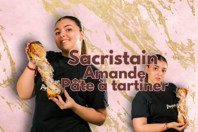 Sacristain aux amandes et pâte à tartiner proposé par le Fournil Mangiante à Sénas, une viennoiserie feuilletée croustillante et généreuse qui associe le croquant des amandes à la gourmandise du chocolat.