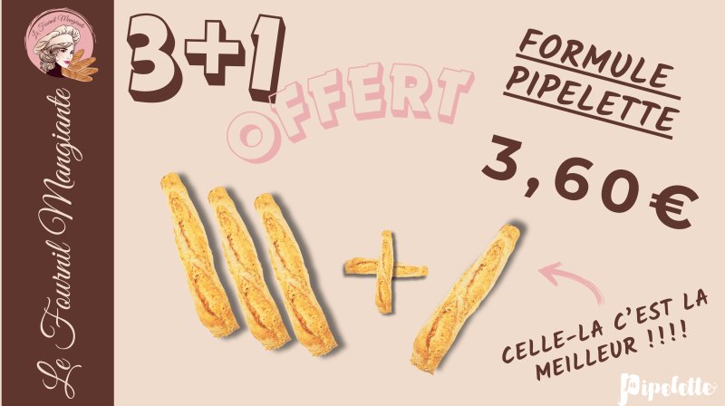 Formule Pipelette – 3 achetées = 1 offerte, la baguette qui fait parler d’elle à Sénas, découvrez la au Fournil Mangiante