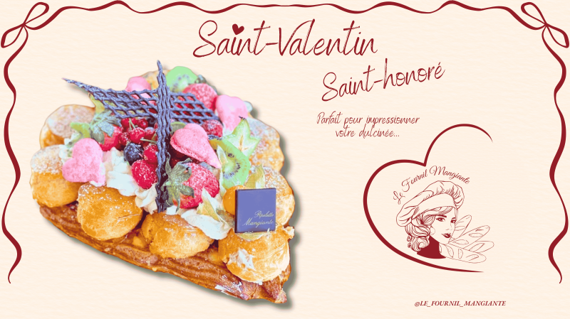 Notre Saint-Honoré en forme de cœur, une création délicate qui incarne l'amour.  Venez découvrir cette gourmandise au Fournil Mangiante, située à Sénas, 
